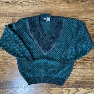 VTG 90s Impact Mens L V Neck Pullover Sweater Leather Trim Green Black